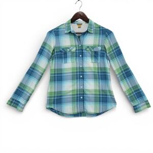 Eddie Bauer Womens S Button Shirt Nylon Blue Green Plaid Outdoor